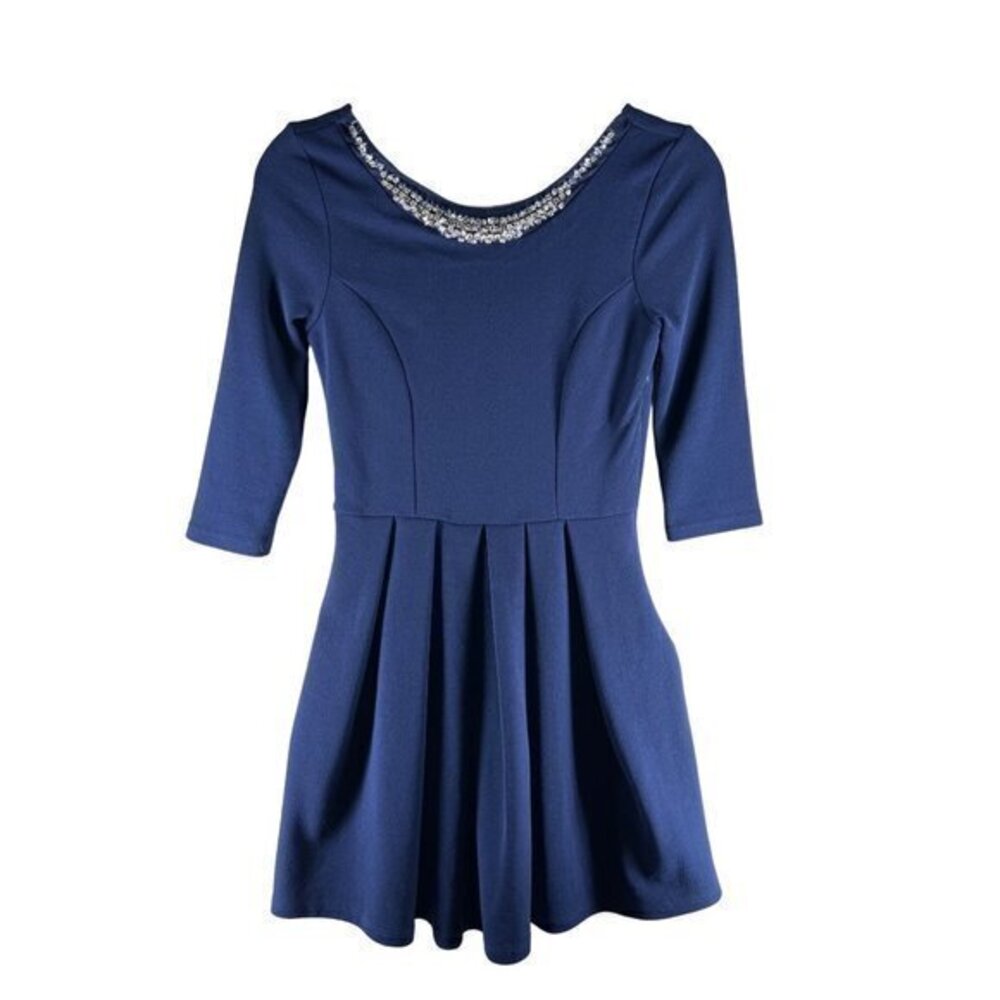 Akira Womens Dress Size S Stretch Navy Crepe Embellished Fit &‎ Flare